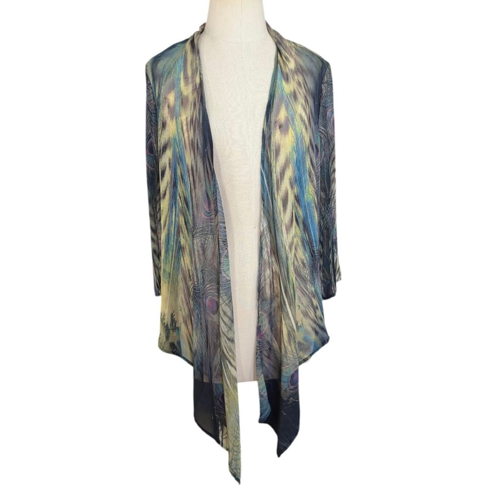 Chenault sheerchiffon peacock Kimono jacket duster, W/ knot/tie front. Medium. - Picture 14 of 16